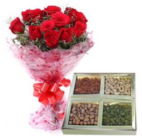 Joyful Bouquet Decked with Dozen Red Roses with Assorted Dry Fruits